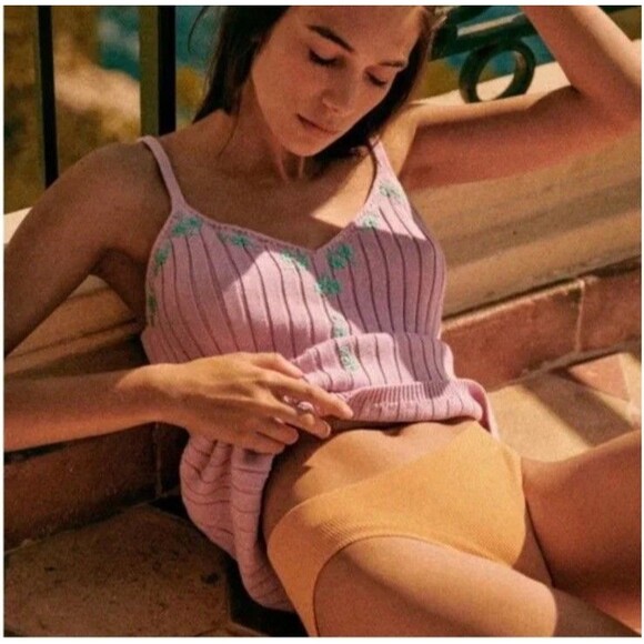 Sezane Ania Knit Sweater Tank Embroidered Lilac Sea Green Cotton - Picture 3 of 11